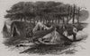 The camp at Chobham: Huts and kitchen. 42nd Highlanders. Surrey 1853 old print