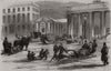 Sledging in Berlin. Brandenburg gate 1850 old antique vintage print picture