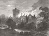 CUMBS. Fire at Greystoke Castle, Cumberland 1868 old antique print picture