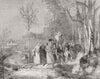 FAMILY. Morning walk in spring 1860 old antique vintage print picture