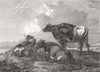 COWS. Reposing 1848 old antique vintage print picture