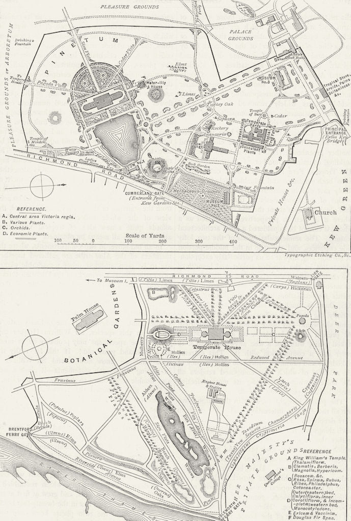 KEW GARDENS. Plans of Kew Gardens 1888 old antique vintage map chart