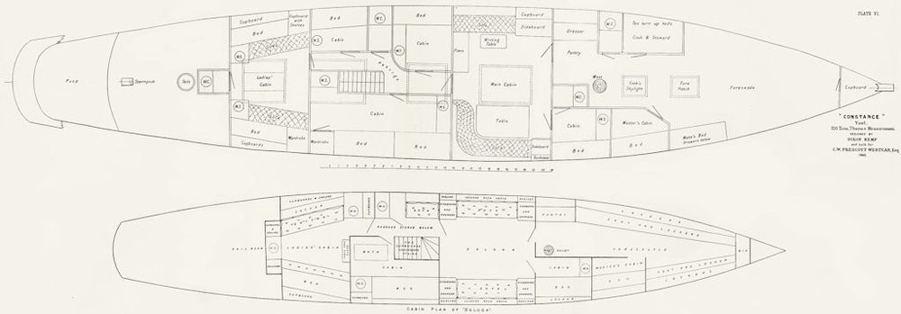 BOATS. Cabin plan. 'Beluga'; 'Constance' Yawl-LARGE 1891 old antique print