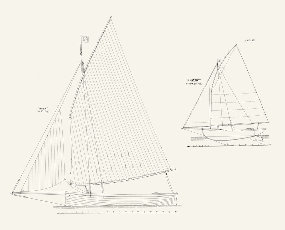 SAIL PLANS. 'Ruby' 18 Ft Gig; 'Mystery' Sheer plan 1891 old antique print