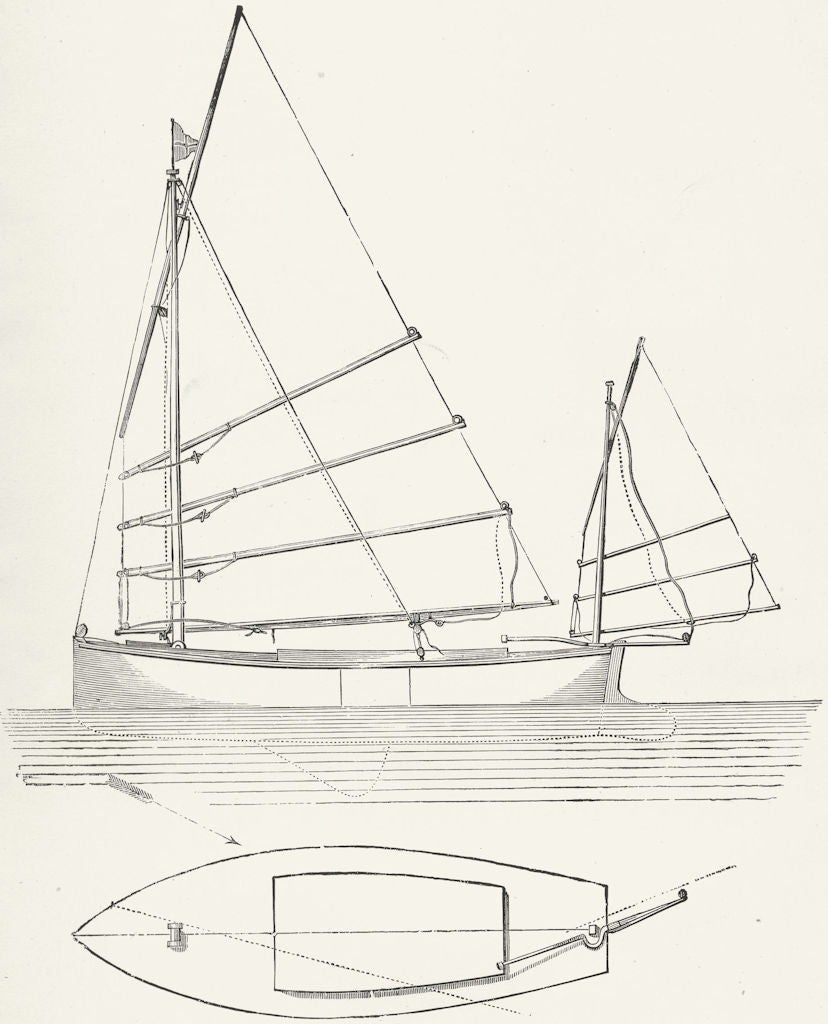 BOATS. Chinese Lug Sail. Main & Mizen Rig plan 1891 old antique print picture