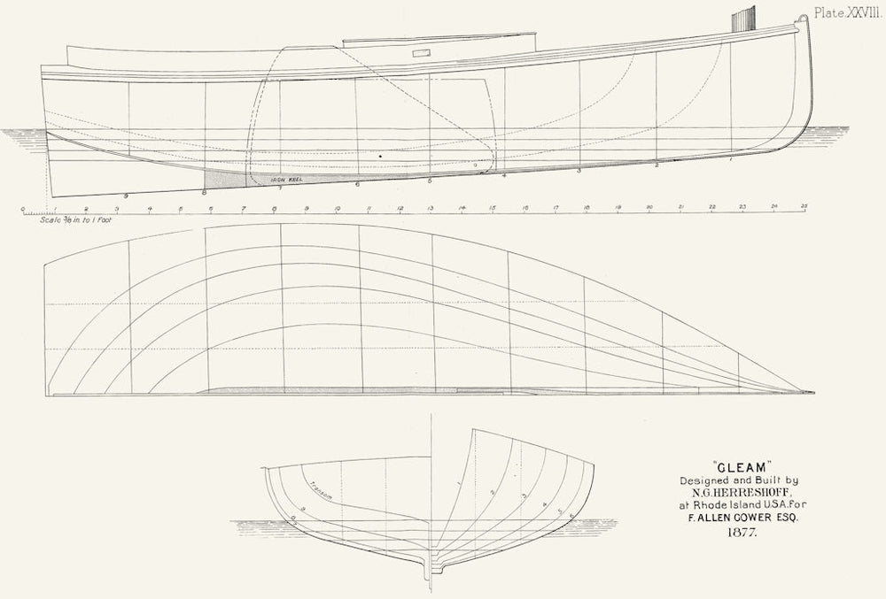 BOAT PLAN. Cat Boat 'Gleam', Herreshoff, Rhode Island 1891 old antique print