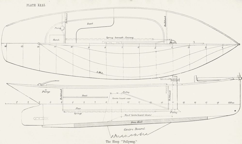 BOAT PLAN. Centre-board Yacht. Sloop'Pollywog' 1891 old antique print picture