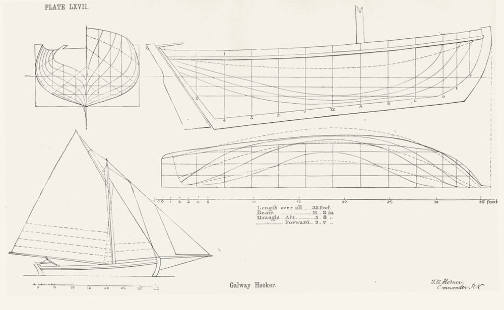 SAIL BOAT PLAN. Galway Hooker. Horner 1891 old antique vintage print picture