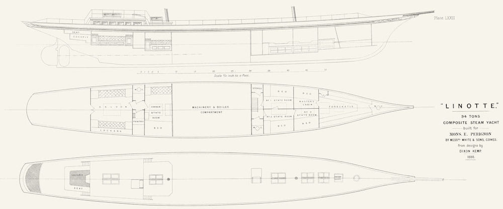 YACHT CABIN PLAN. 'Linotte' 90 tons, Perignon-LARGE 1891 old antique print