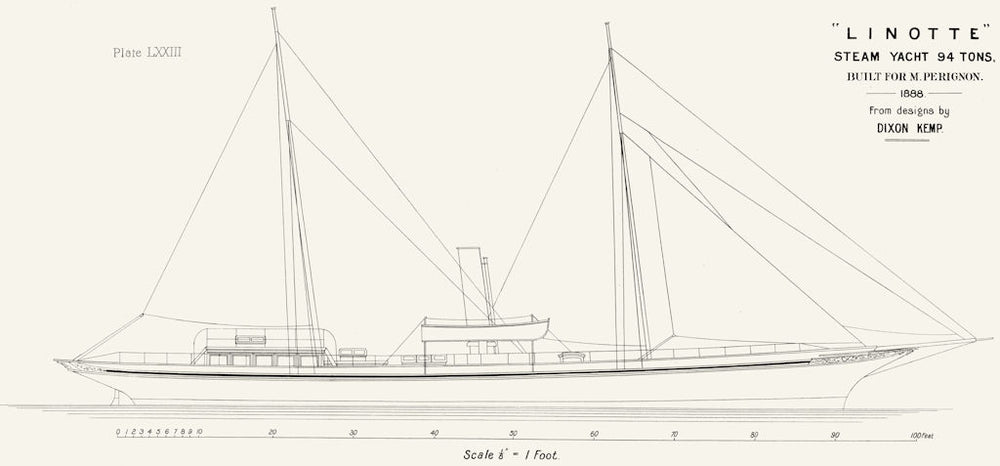 STEAM YACHT. 'Linotte' 94 tons, sail plan, Perignon 1891 old antique print