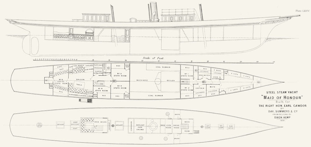 STEAM YACHT CABIN PLAN. 'Maid of Honour'Earl Cawdor 1891 old antique print