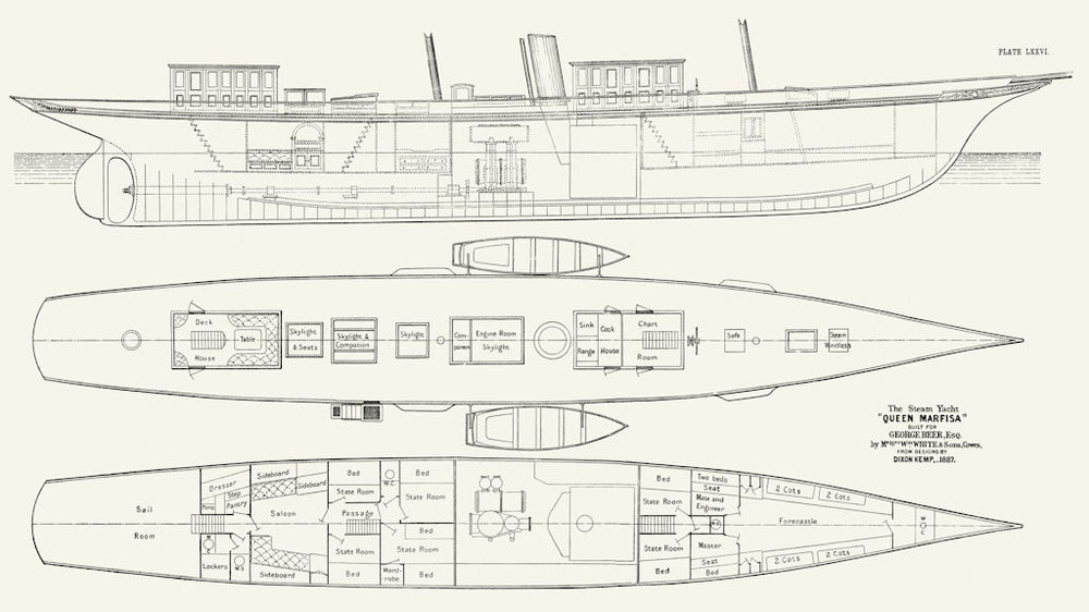 STEAM YACHT CABIN PLAN. 'Queen Marfisa', Beer, White 1891 old antique print