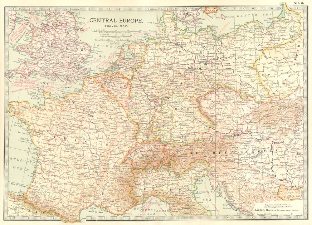 EUROPE. Central Europe travel map. Railroads steamships 1903 old antique
