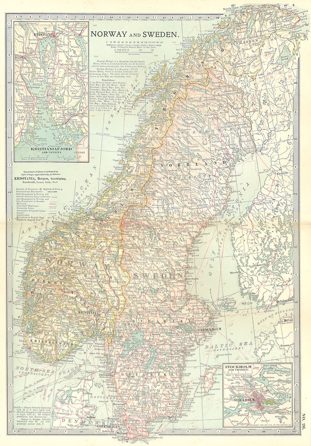 SCANDINAVIA. Norway, Sweden; Inset Oslo, Stockholm; Kristianiafjord 1903 map