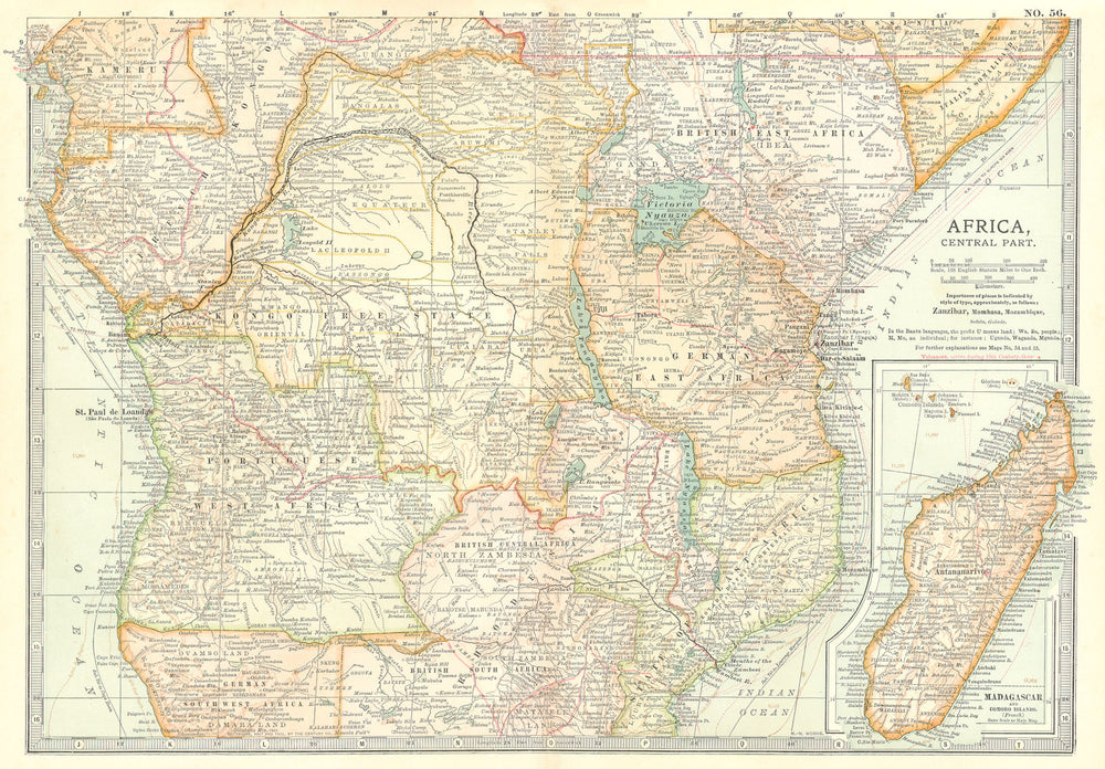 CENTRAL AFRICA. Tanzania, Kenya, Angola, Zambia, Congo, Mozambique 1903 map