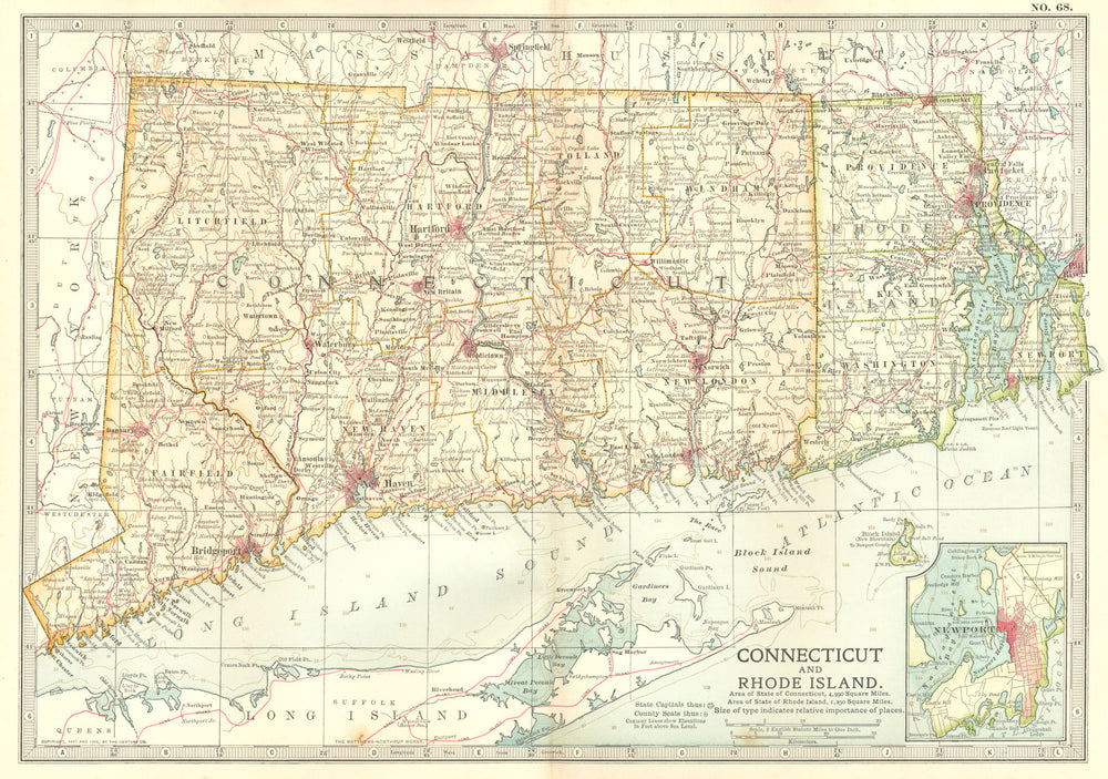 CONNECTICUT RHODE ISLAND. Newport. Shows 1637 1675 1777 battles/dates 1903 map
