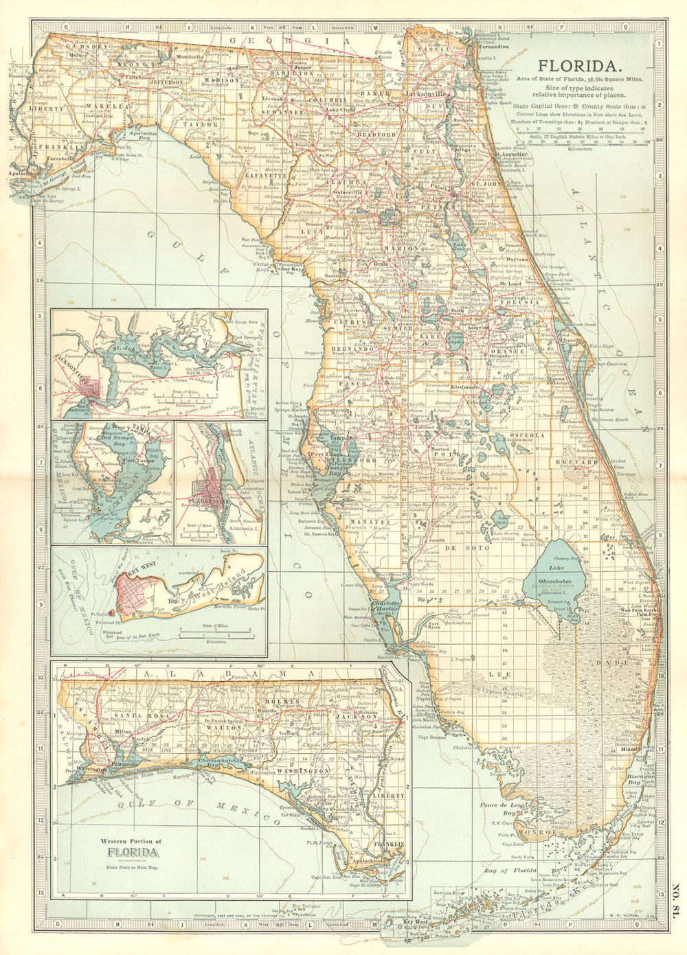 FLORIDA. Inset Jacksonville, Key West, Tampa, St Augustine 1903 old map