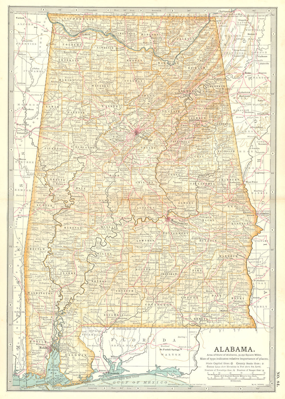 ALABAMA. State map. Counties. Shows civil war battlefields. Britannica 1903