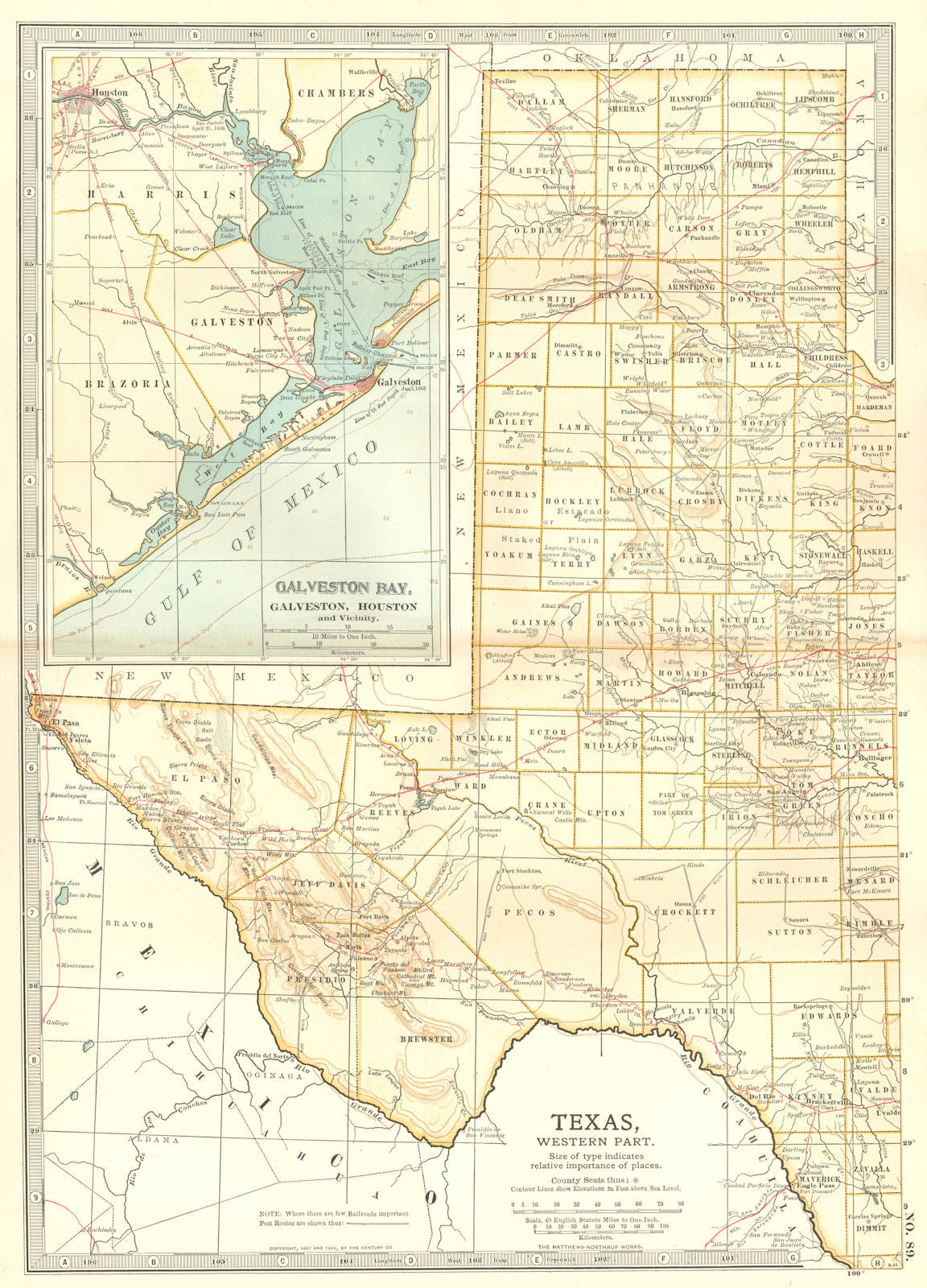 TEXAS WEST. State map showing counties. Inset Galveston Bay, Houston ...