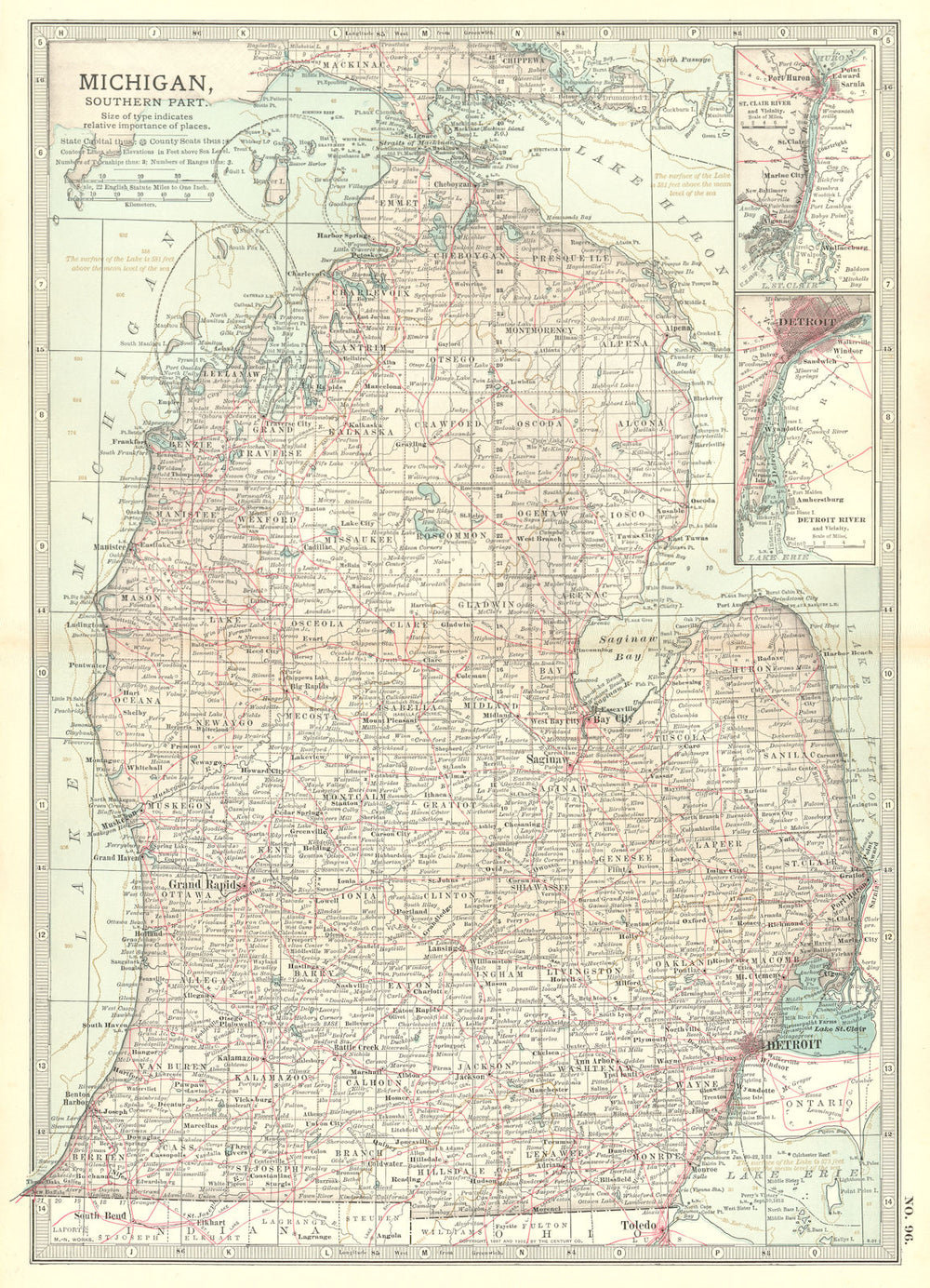 MICHIGAN. South; Inset Detroit, St Clair River 1903 old antique map plan chart