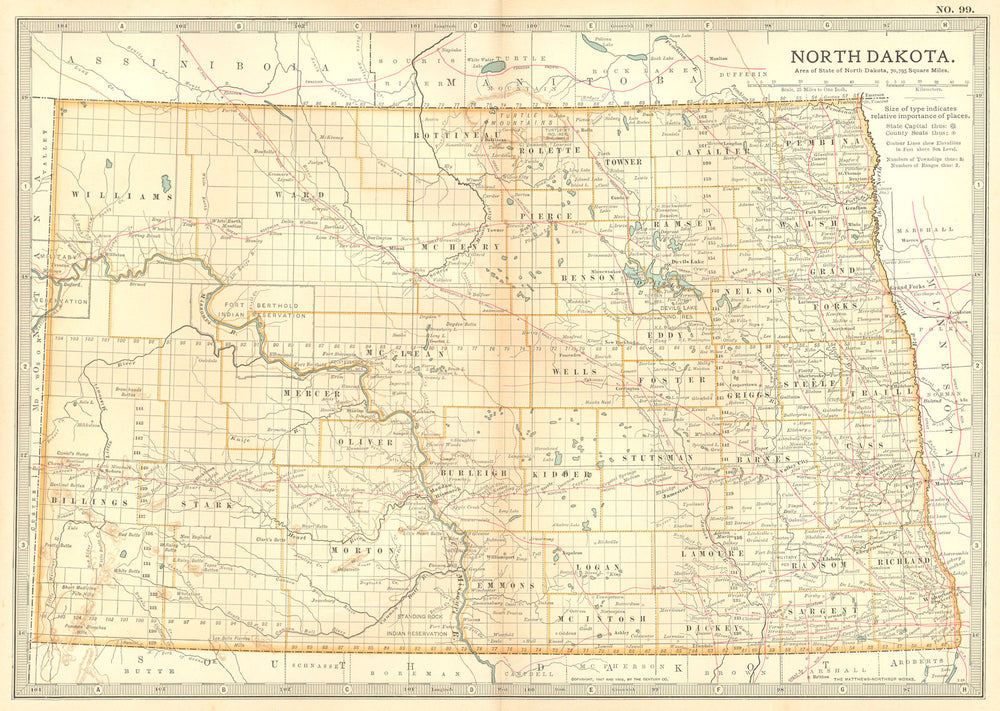 NORTH DAKOTA. State map.Shows counties & Indian reservations.Britannica 1903