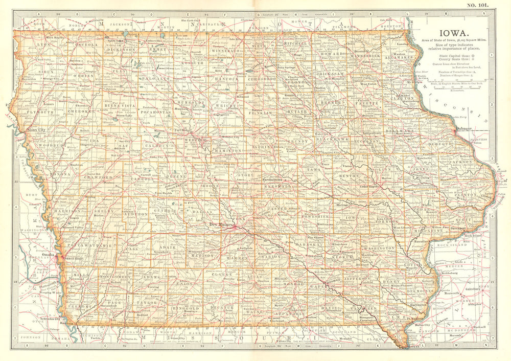 IOWA. State map showing counties. Britannica 10th edition. 1903 old