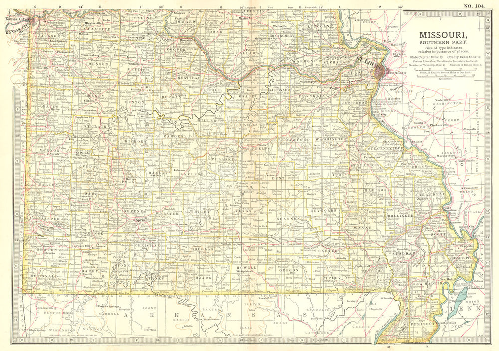 MISSOURI SOUTH. State map showing Civil War battlefields/dates.St Louis 1903