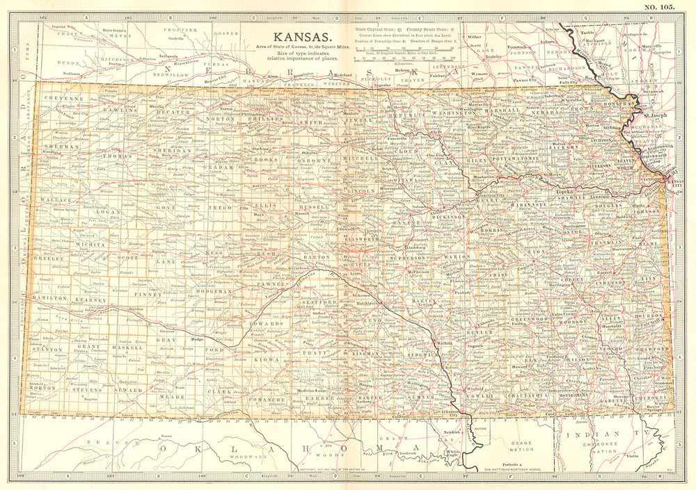 KANSAS. State map showing counties & Indian reservations. Britannica 1903