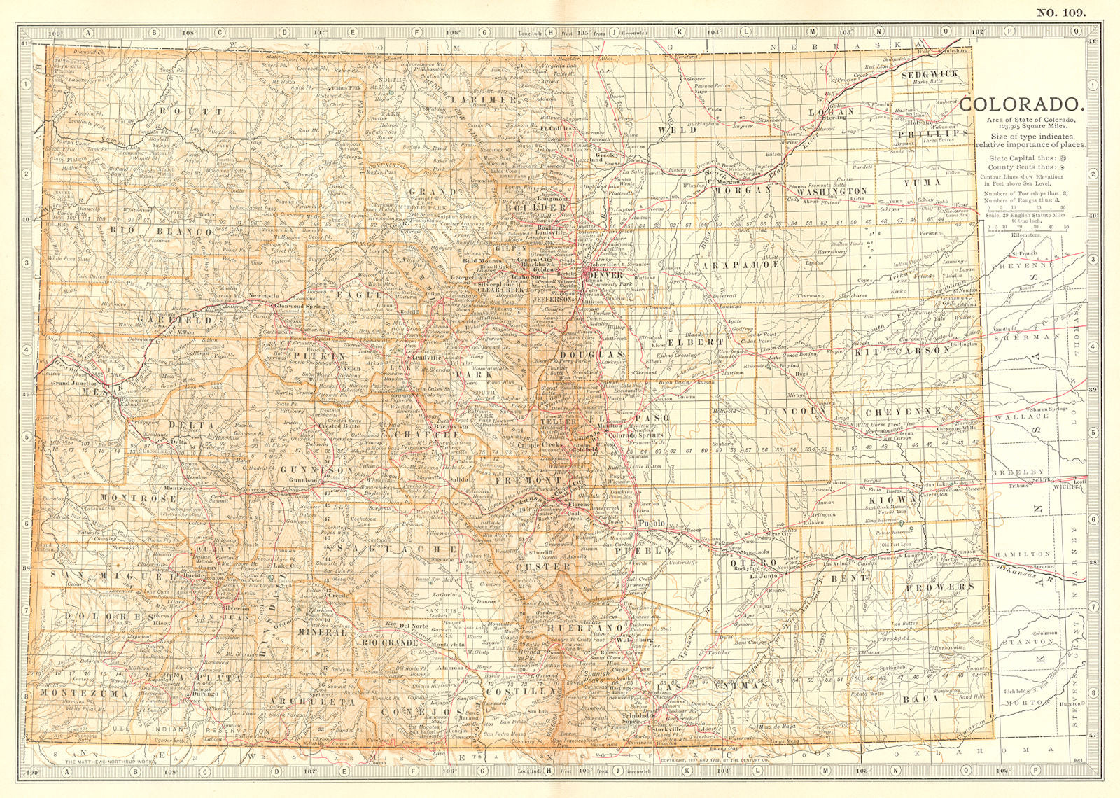 COLORADO. State map. Counties. Sand Creek Massacre. Indian fights 1868 ...