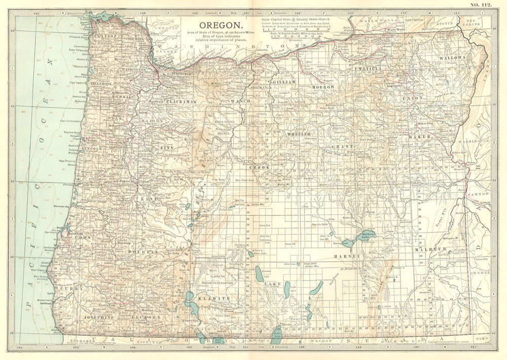 OREGON. State map showing counties & Indian reservations. Britannica 1903