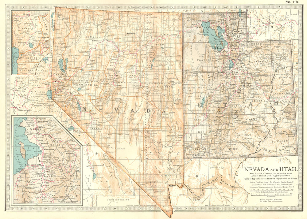 NEVADA & UTAH. Inset Carson City, Salt Lake City. Counties.Britannica 1903 map