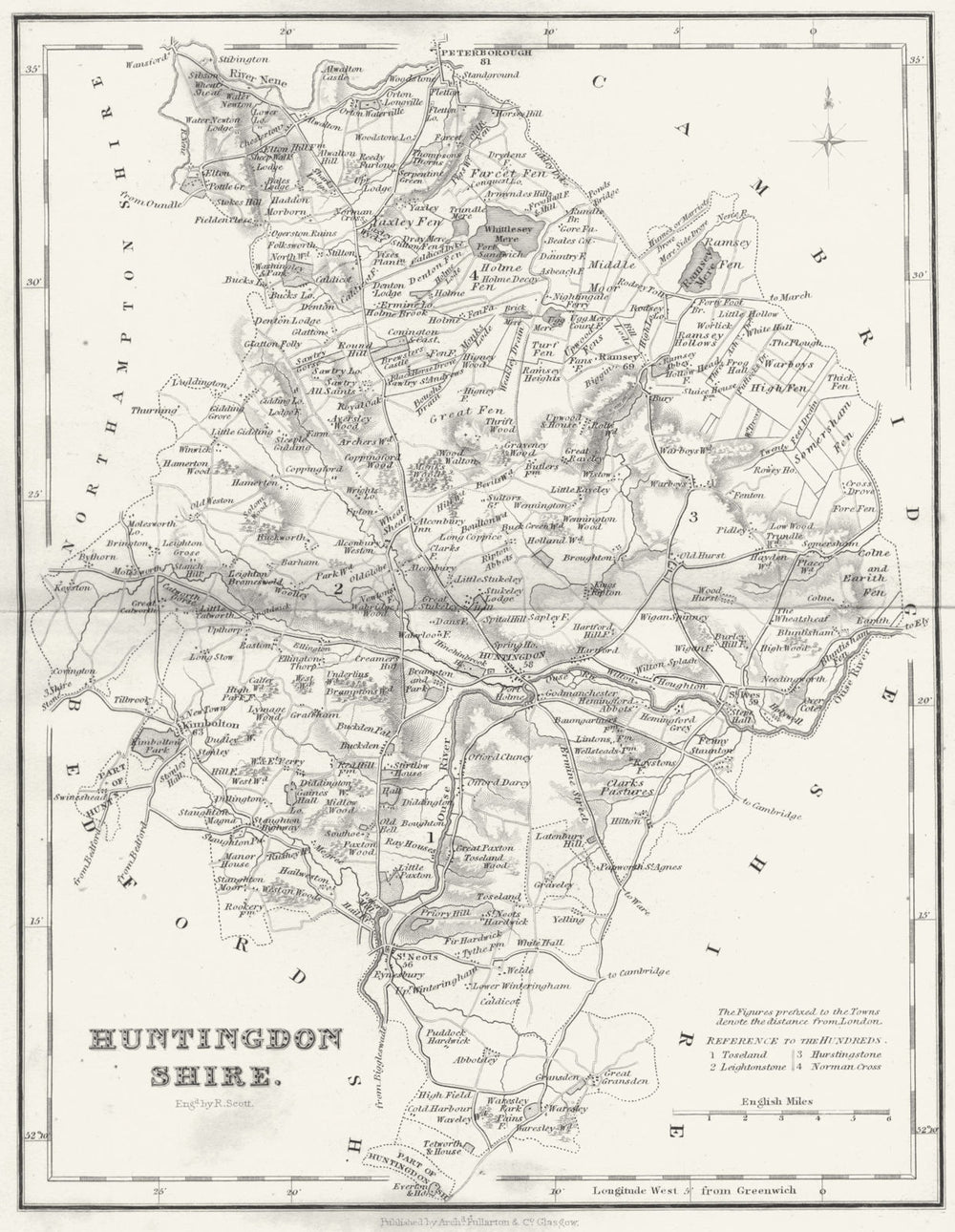HUNTS. Huntingdonshire. Fullarton 1844 old antique vintage map plan chart