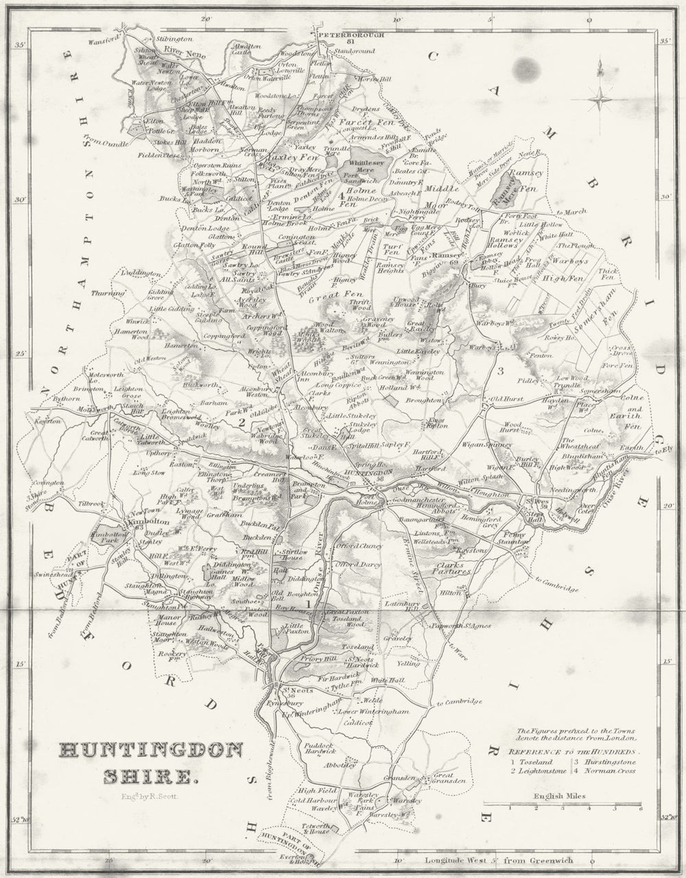 HUNTS. Huntingdonshire. Fullarton 1844 old antique vintage map plan chart