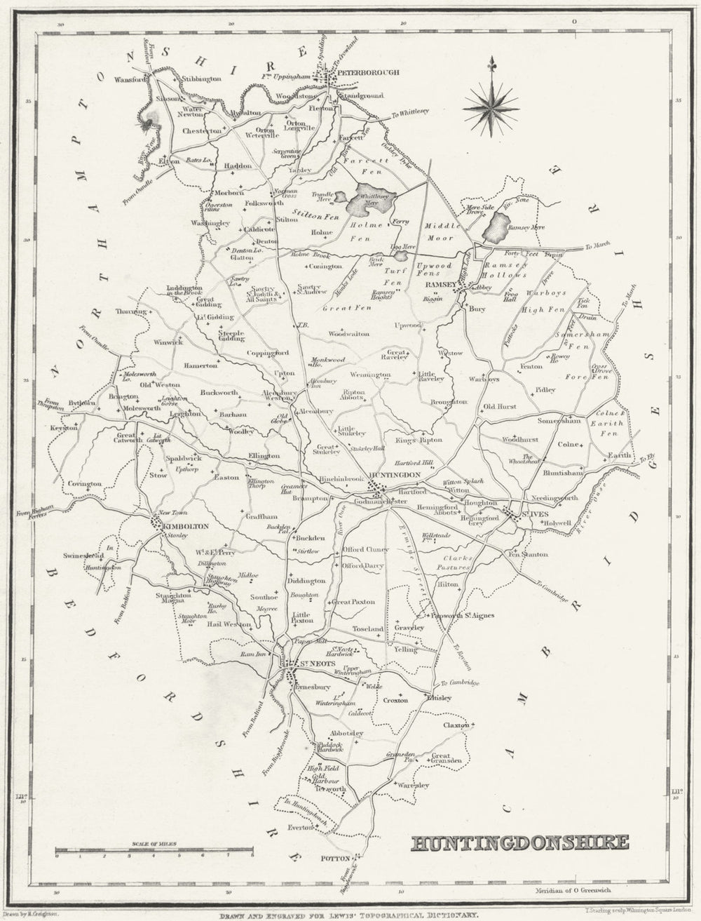 HUNTS. Huntingdonshire. Lewis c1841 old antique vintage map plan chart