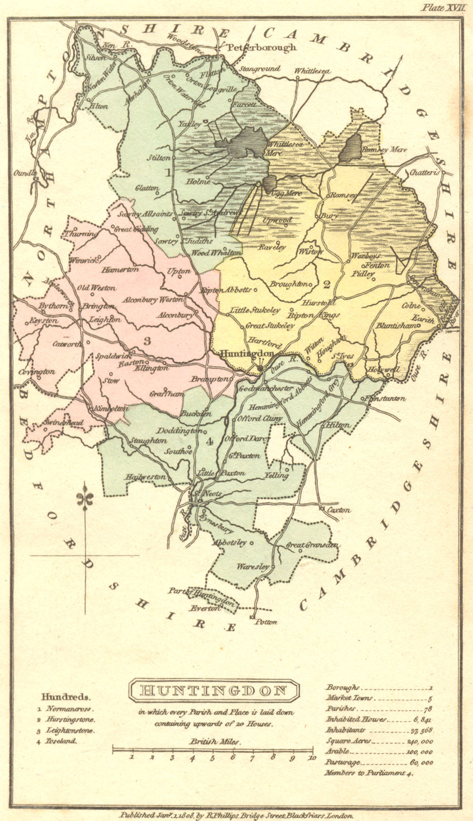HUNTS. Huntingdon. Phillips Whittaker  c1814 old antique map plan chart
