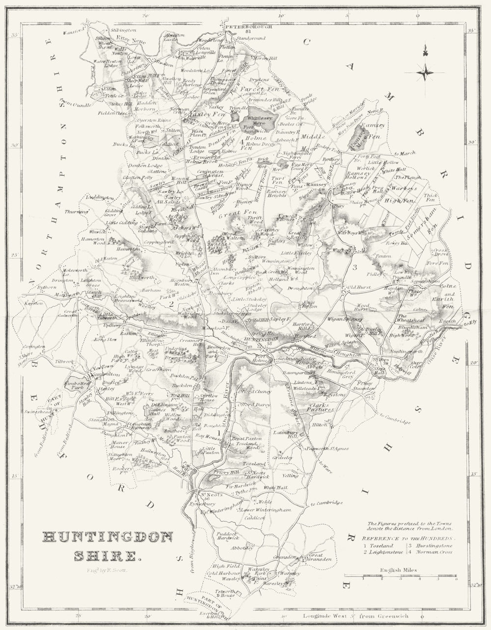 HUNTS. Huntingdonshire. Fullarton 1844 old antique vintage map plan chart