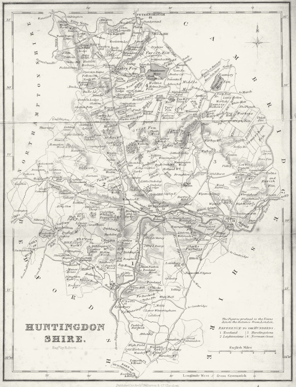 HUNTS. Huntingdonshire. Fullarton 1844 old antique vintage map plan chart