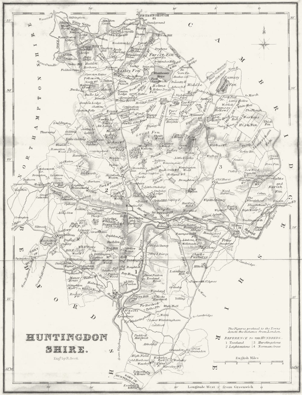 HUNTS. Huntingdonshire. Fullarton 1844 old antique vintage map plan chart