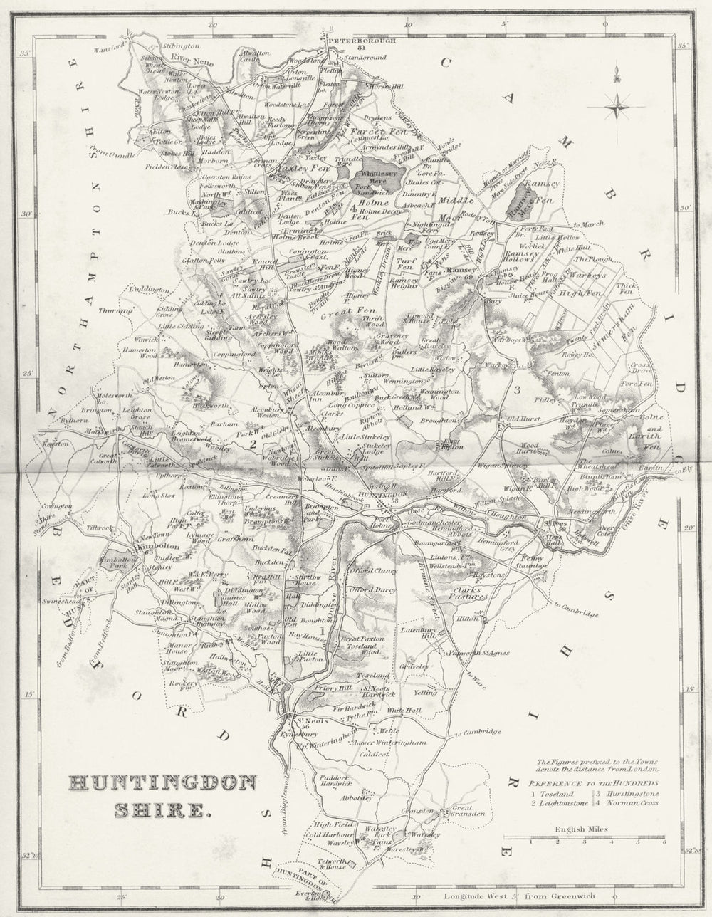 HUNTS. Huntingdonshire. Fullarton 1844 old antique vintage map plan chart