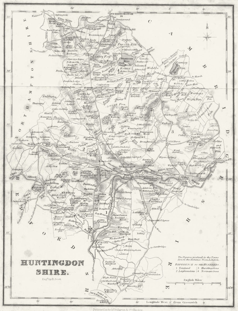 HUNTS. Huntingdonshire. Fullarton 1844 old antique vintage map plan chart