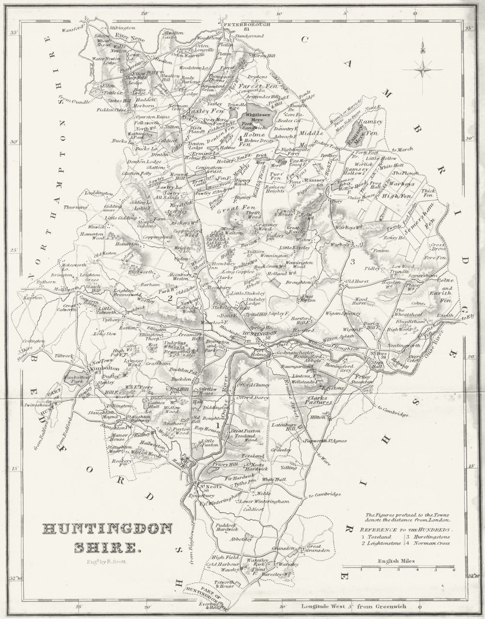HUNTS. Huntingdonshire. Fullarton 1844 old antique vintage map plan chart
