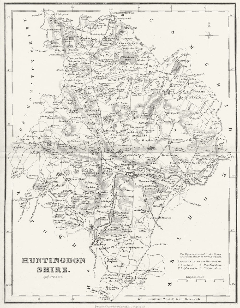 HUNTS. Huntingdonshire. Fullarton 1844 old antique vintage map plan chart