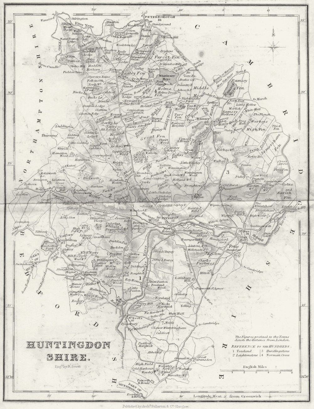 HUNTS. Huntingdonshire. Fullarton 1844 old antique vintage map plan chart