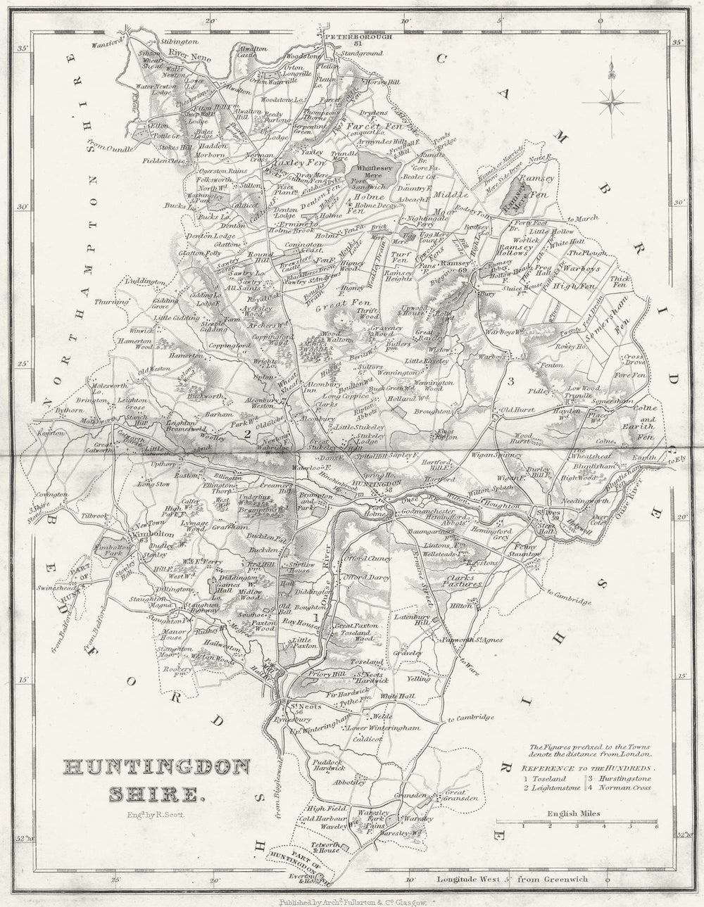 HUNTS. Huntingdonshire. Fullarton 1844 old antique vintage map plan chart