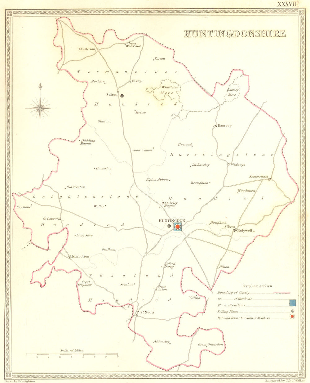 HUNTS. Huntingdonshire. Creighton Walker 1837 old antique map plan chart