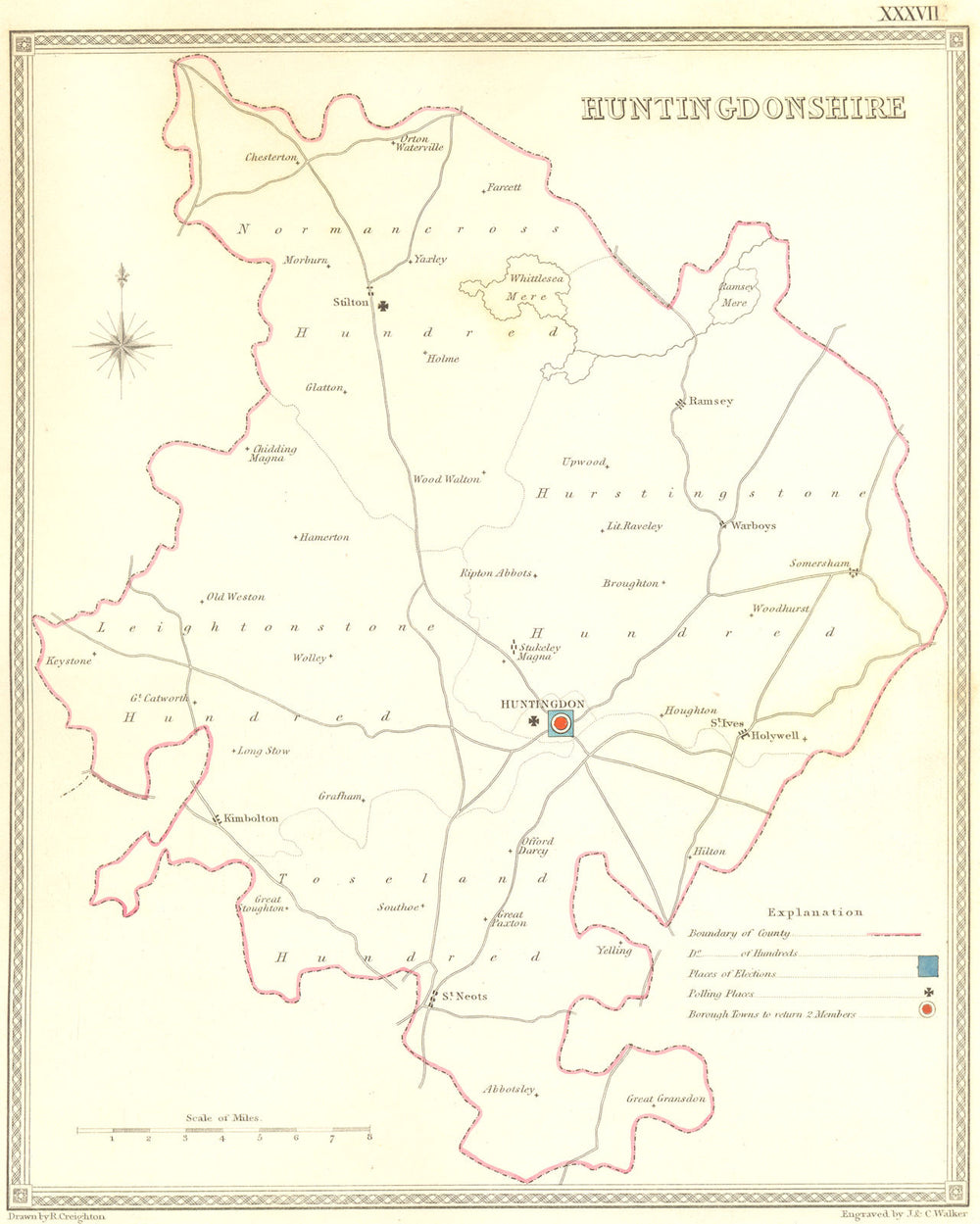 HUNTS. Huntingdonshire. Creighton Walker 1835 old antique map plan chart
