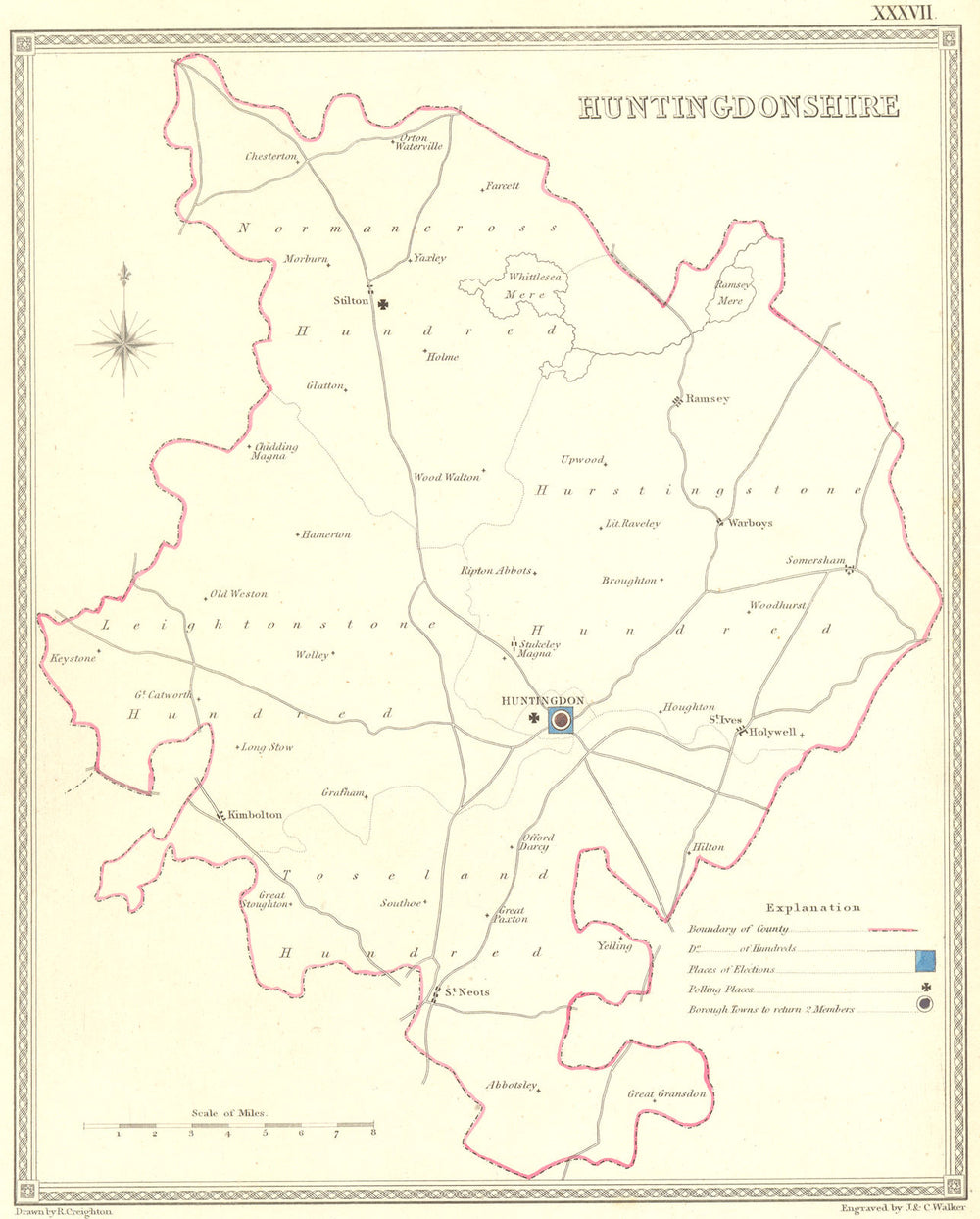 HUNTS. Huntingdonshire. Creighton Walker 1835 old antique map plan chart
