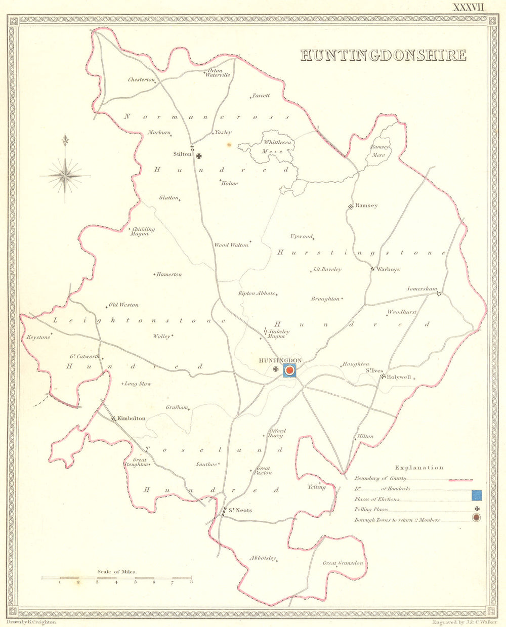 HUNTS. Huntingdonshire. Creighton Walker 1835 old antique map plan chart