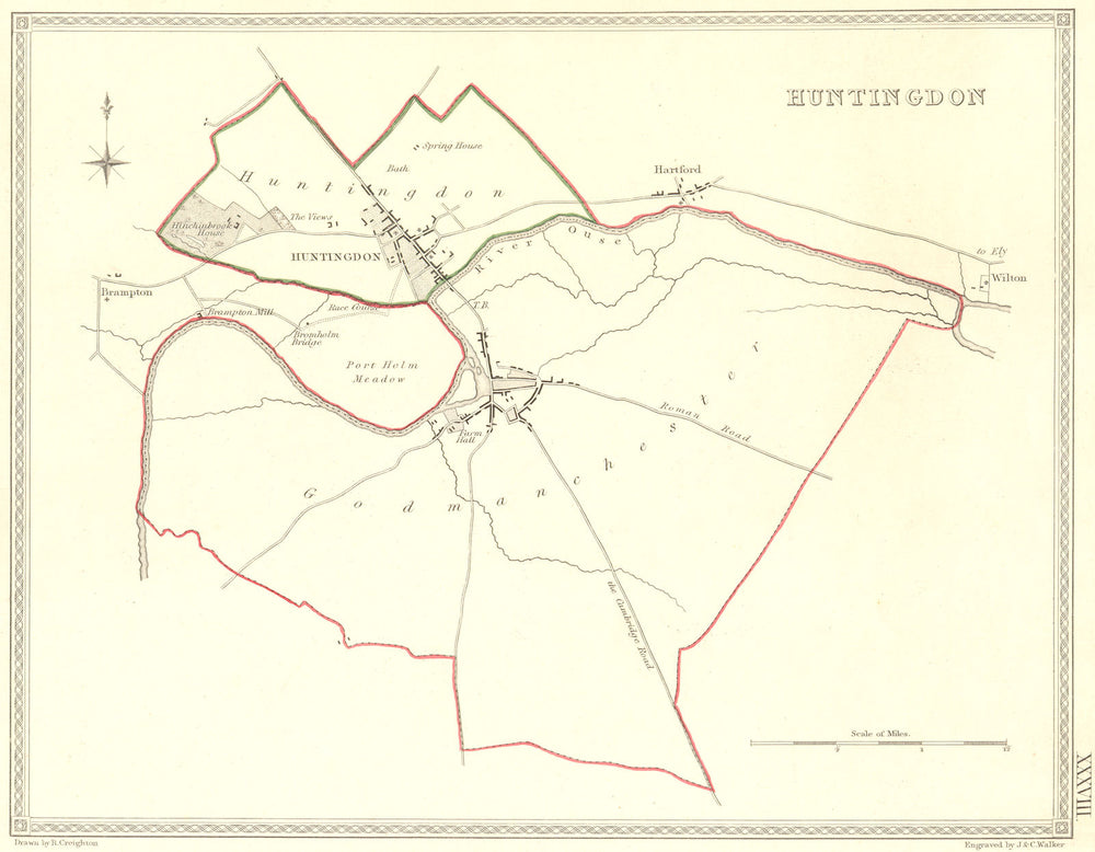 HUNTS. Huntingdon. Creighton Walker. Town Plan 1835 old antique map chart