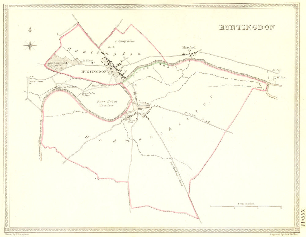HUNTS. Huntingdon. Creighton Walker. Town Plan 1835 old antique map chart